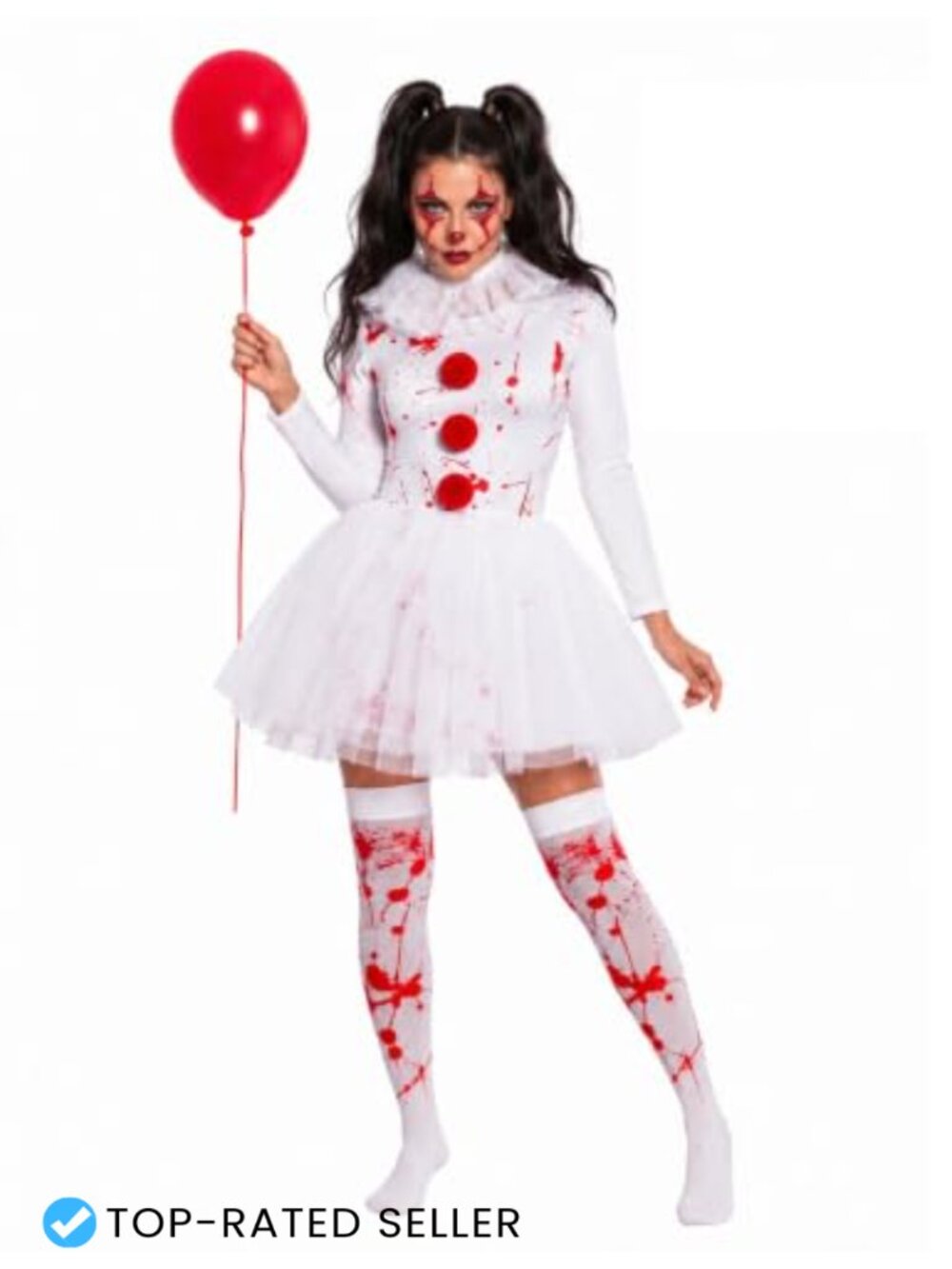 Women's Scary Clown Costume Bloody Tutu Dress Long Sleeve Halloween Cosplay Set